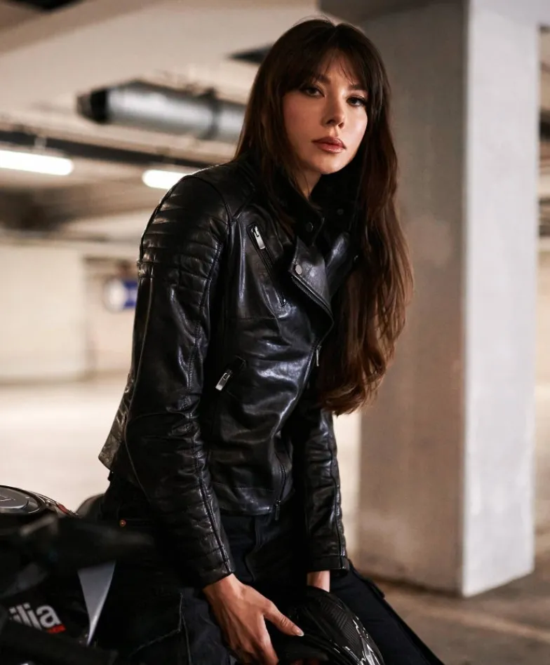 Donna D'Arienzo Karim Trap - Giacca moto in pelle vegetale nera trapuntata effetto vintage