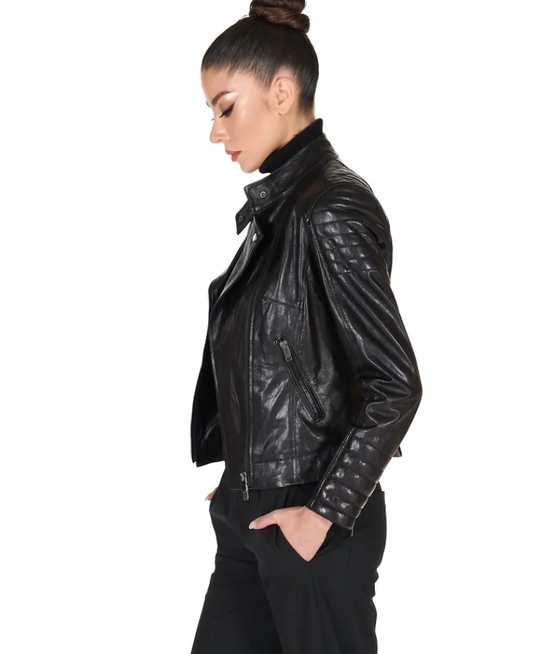 Donna D'Arienzo Karim Trap - Giacca moto in pelle vegetale nera trapuntata effetto vintage