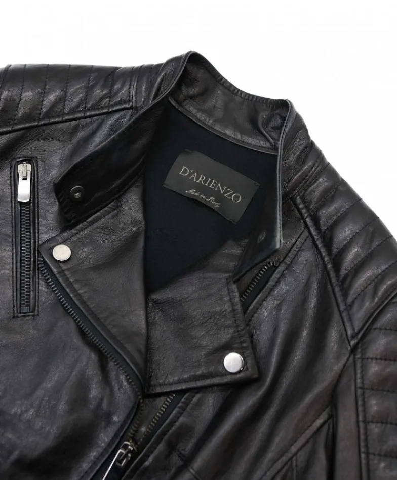 Donna D'Arienzo Karim Trap - Giacca moto in pelle vegetale nera trapuntata effetto vintage