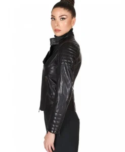Donna D'Arienzo Karim Trap - Giacca moto in pelle vegetale nera trapuntata effetto vintage
