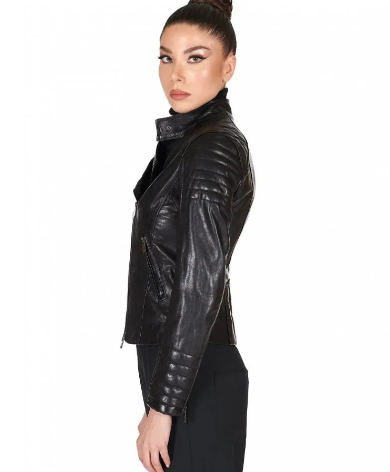 Donna D'Arienzo Karim Trap - Giacca moto in pelle vegetale nera trapuntata effetto vintage