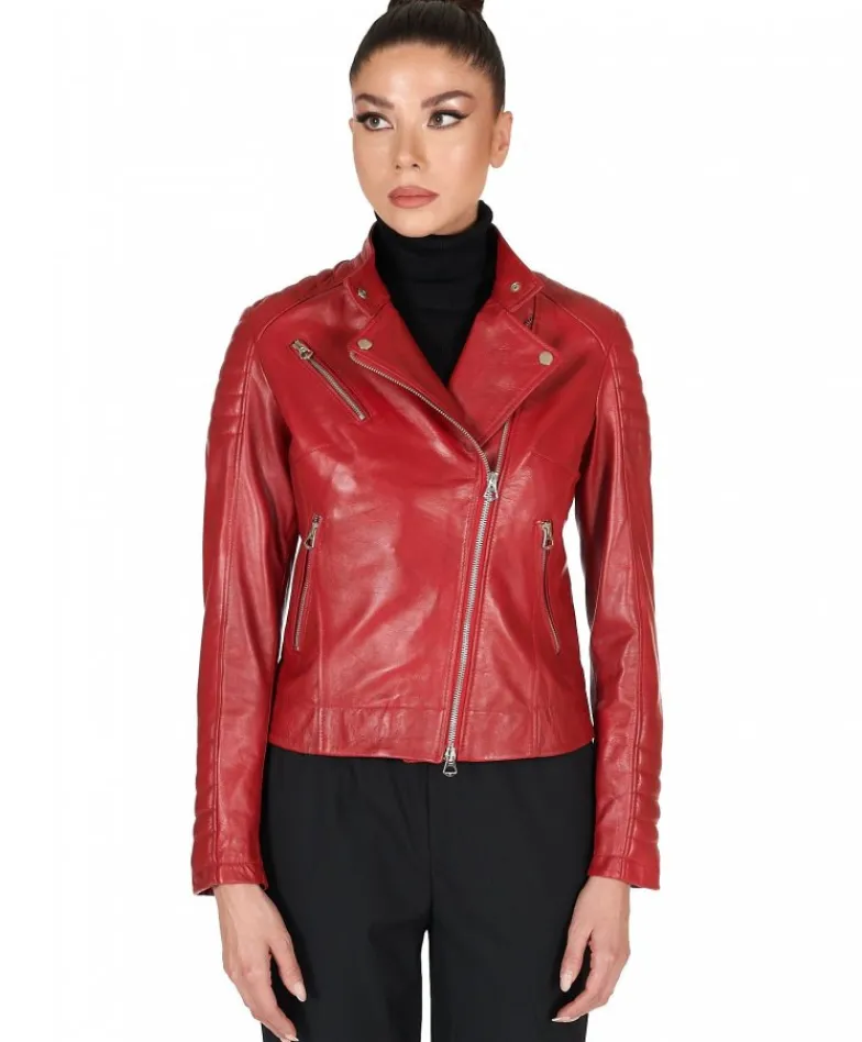 Donna D'Arienzo Karim Trap - Giacca moto in pelle vegetale rossa trapuntata effetto vintage