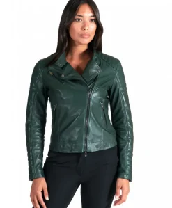 Donna D'Arienzo Karim Trap - Giacca moto in pelle naturale verde trapuntata effetto liscio
