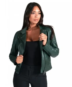 Donna D'Arienzo Karim Trap - Giacca moto in pelle naturale verde trapuntata effetto liscio