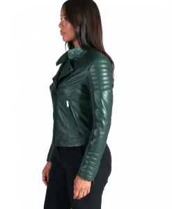 Donna D'Arienzo Karim Trap - Giacca moto in pelle naturale verde trapuntata effetto liscio