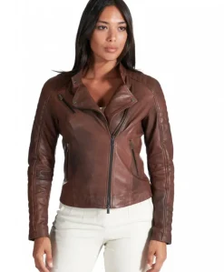 Donna D'Arienzo Karim Trap - Giacca moto in pelle marrone trapuntata effetto vintage