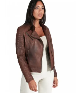 Donna D'Arienzo Karim Trap - Giacca moto in pelle marrone trapuntata effetto vintage