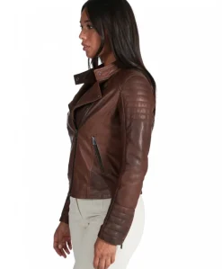 Donna D'Arienzo Karim Trap - Giacca moto in pelle marrone trapuntata effetto vintage