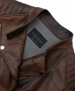 Donna D'Arienzo Karim Trap - Giacca moto in pelle marrone trapuntata effetto vintage