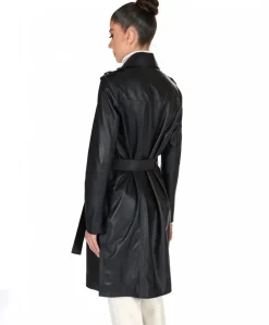 Donna D'Arienzo Kate - Cappotto in pelle nera doppio petto spacchi laterali