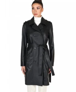 Donna D'Arienzo Kate - Cappotto in pelle nera doppio petto spacchi laterali