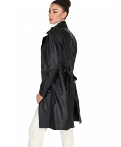Donna D'Arienzo Kate - Cappotto in pelle nera doppio petto spacchi laterali