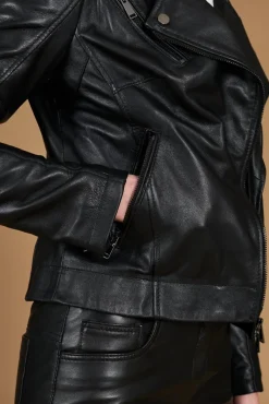 Donna D'Arienzo Kbc - Giacca chiodo in pelle nera nappa effetto liscio