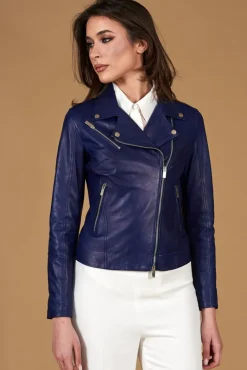 Donna D'Arienzo Kbc - Giacca chiodo in pelle naturale bluette cerniera trasversale