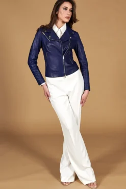 Donna D'Arienzo Kbc - Giacca chiodo in pelle naturale bluette cerniera trasversale