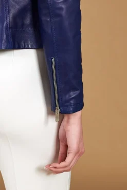 Donna D'Arienzo Kbc - Giacca chiodo in pelle naturale bluette cerniera trasversale