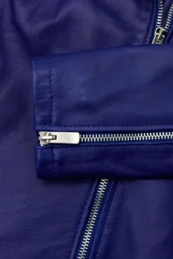 Donna D'Arienzo Kbc - Giacca chiodo in pelle naturale bluette cerniera trasversale