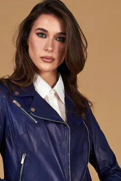 Donna D'Arienzo Kbc - Giacca chiodo in pelle naturale bluette cerniera trasversale