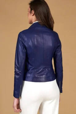 Donna D'Arienzo Kbc - Giacca chiodo in pelle naturale bluette cerniera trasversale