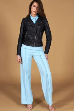 Donna D'Arienzo Kbc - Giacca chiodo in pelle naturale blu avion cerniera trasversale