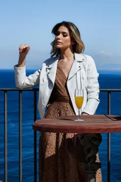 Donna D'Arienzo Kbc - Giacca chiodo in pelle bianca nappa effetto liscio
