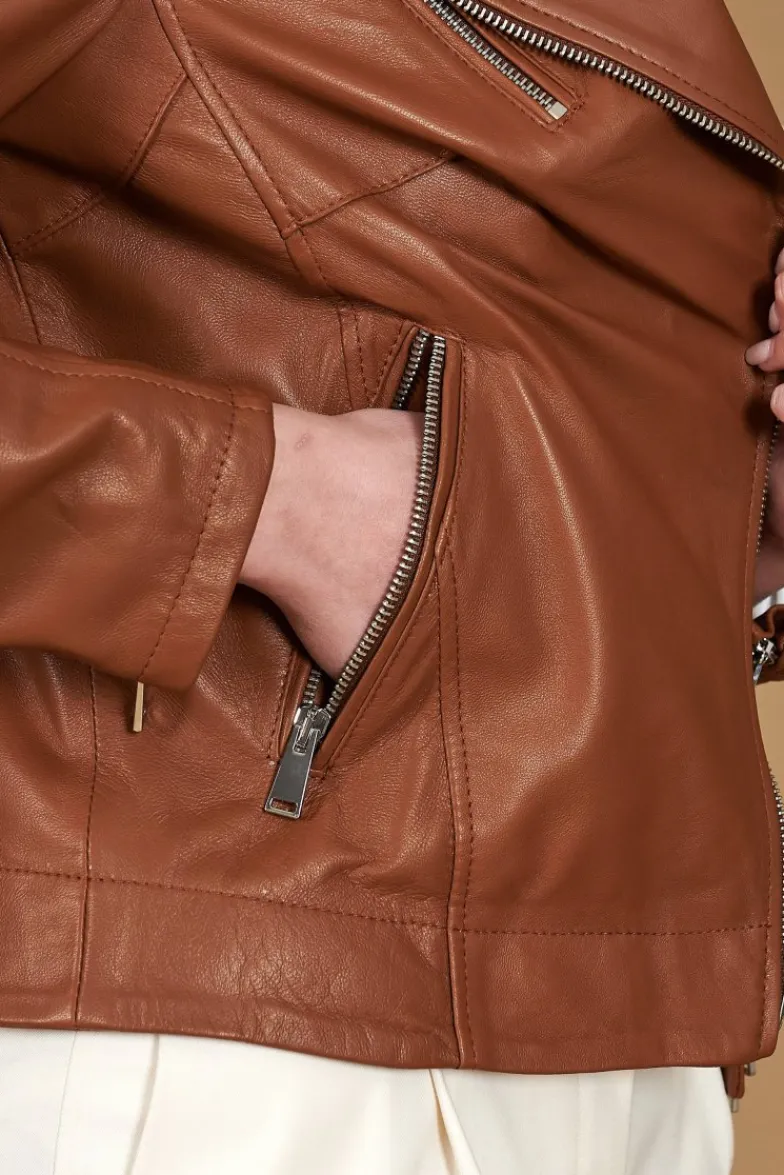 Donna D'Arienzo Kbc - Giacca chiodo in pelle naturale color cuoio cerniera trasversale
