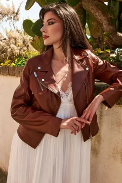 Donna D'Arienzo Kbc - Giacca chiodo in pelle naturale color cuoio cerniera trasversale