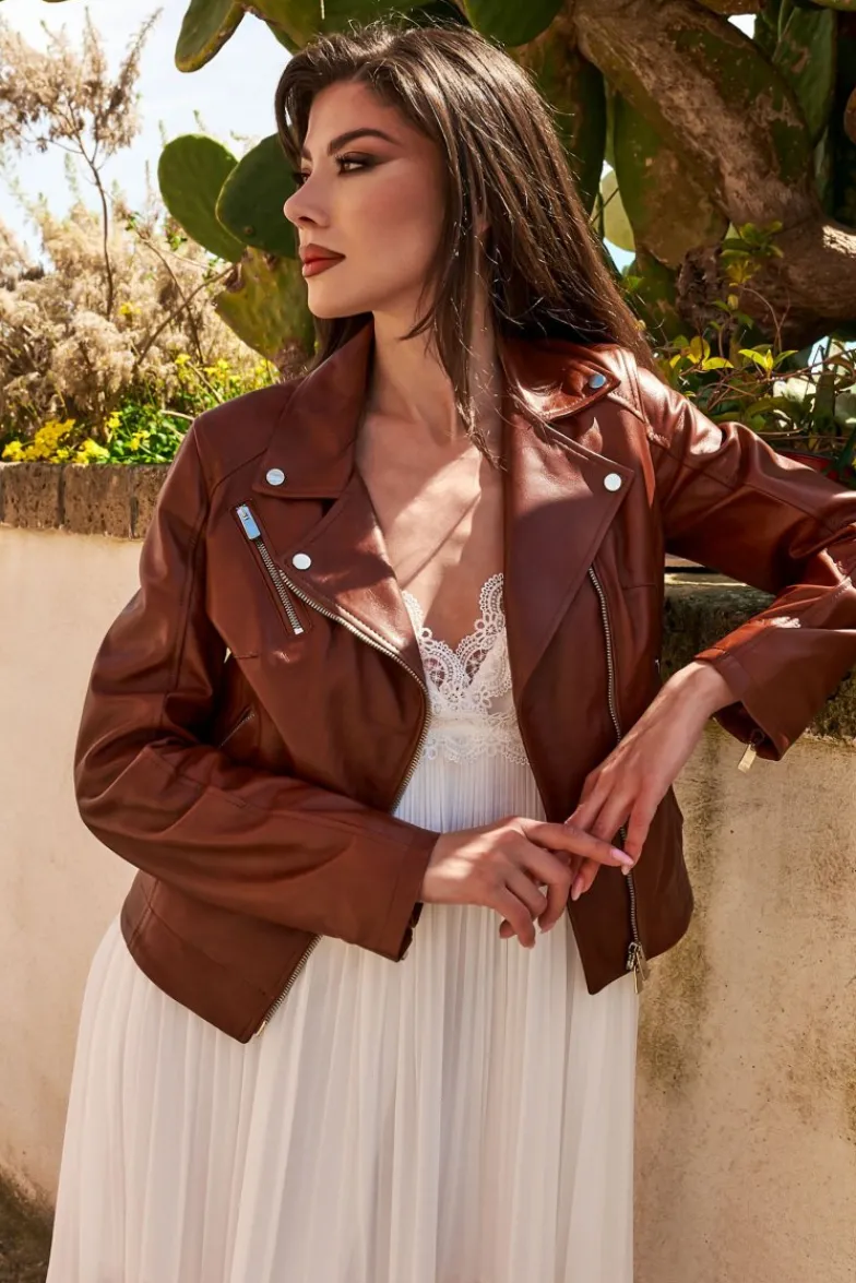 Donna D'Arienzo Kbc - Giacca chiodo in pelle naturale color cuoio cerniera trasversale