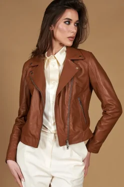 Donna D'Arienzo Kbc - Giacca chiodo in pelle naturale color cuoio cerniera trasversale