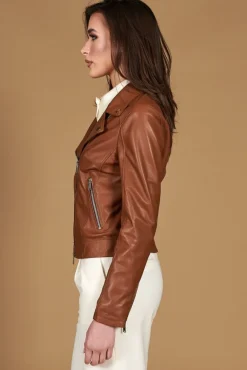 Donna D'Arienzo Kbc - Giacca chiodo in pelle naturale color cuoio cerniera trasversale
