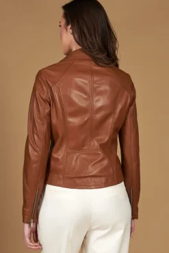Donna D'Arienzo Kbc - Giacca chiodo in pelle naturale color cuoio cerniera trasversale