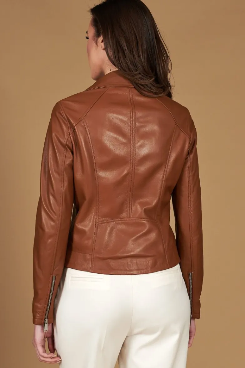 Donna D'Arienzo Kbc - Giacca chiodo in pelle naturale color cuoio cerniera trasversale