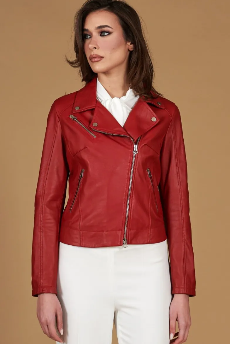 Donna D'Arienzo Kbc - Giacca chiodo in pelle rosso nappa effetto liscio