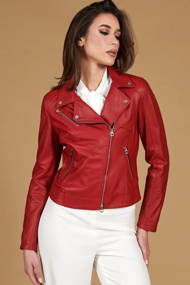 Donna D'Arienzo Kbc - Giacca chiodo in pelle rosso nappa effetto liscio