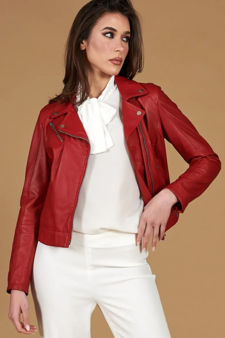 Donna D'Arienzo Kbc - Giacca chiodo in pelle rosso nappa effetto liscio