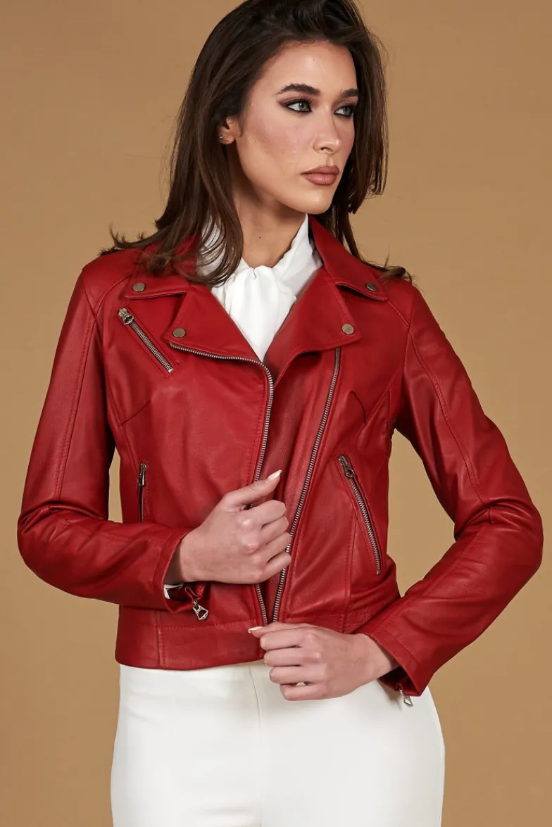 Donna D'Arienzo Kbc - Giacca chiodo in pelle rosso nappa effetto liscio