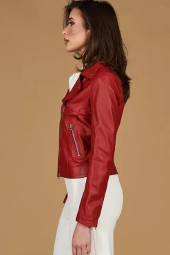 Donna D'Arienzo Kbc - Giacca chiodo in pelle rosso nappa effetto liscio