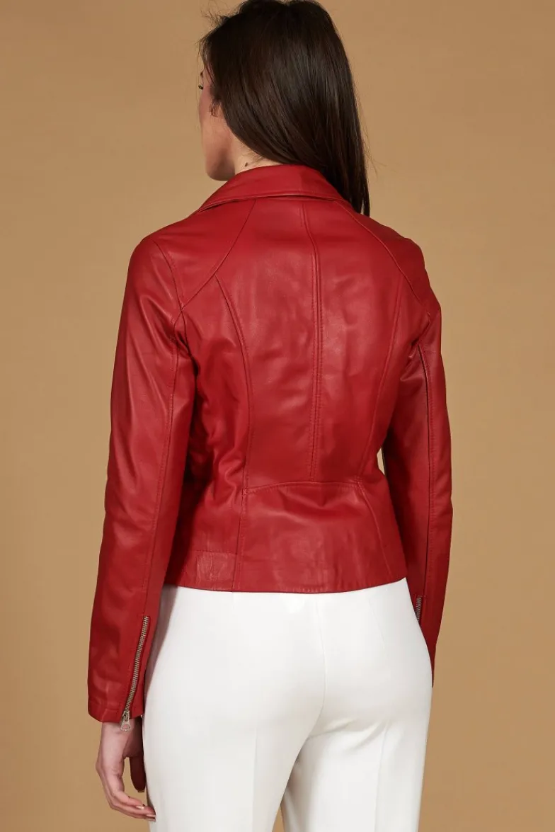 Donna D'Arienzo Kbc - Giacca chiodo in pelle rosso nappa effetto liscio