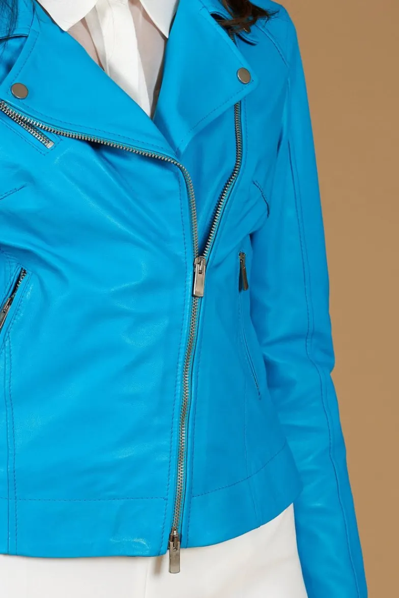 Donna D'Arienzo Kbc - Giacca chiodo in pelle naturale azzurra cerniera trasversale