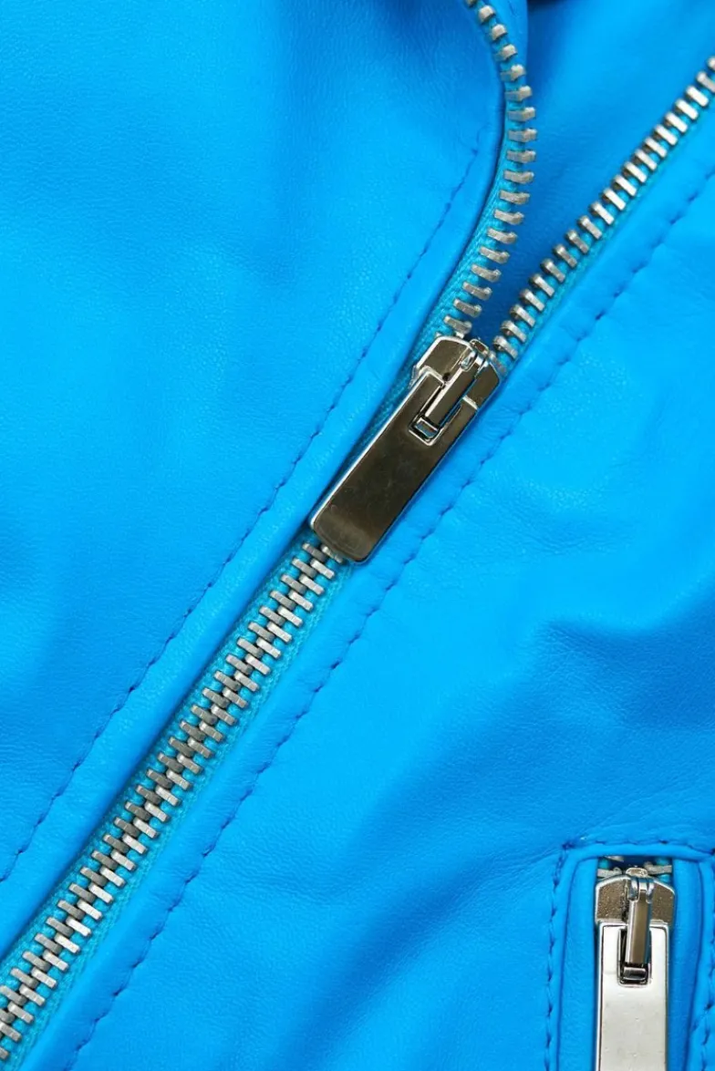 Donna D'Arienzo Kbc - Giacca chiodo in pelle naturale azzurra cerniera trasversale