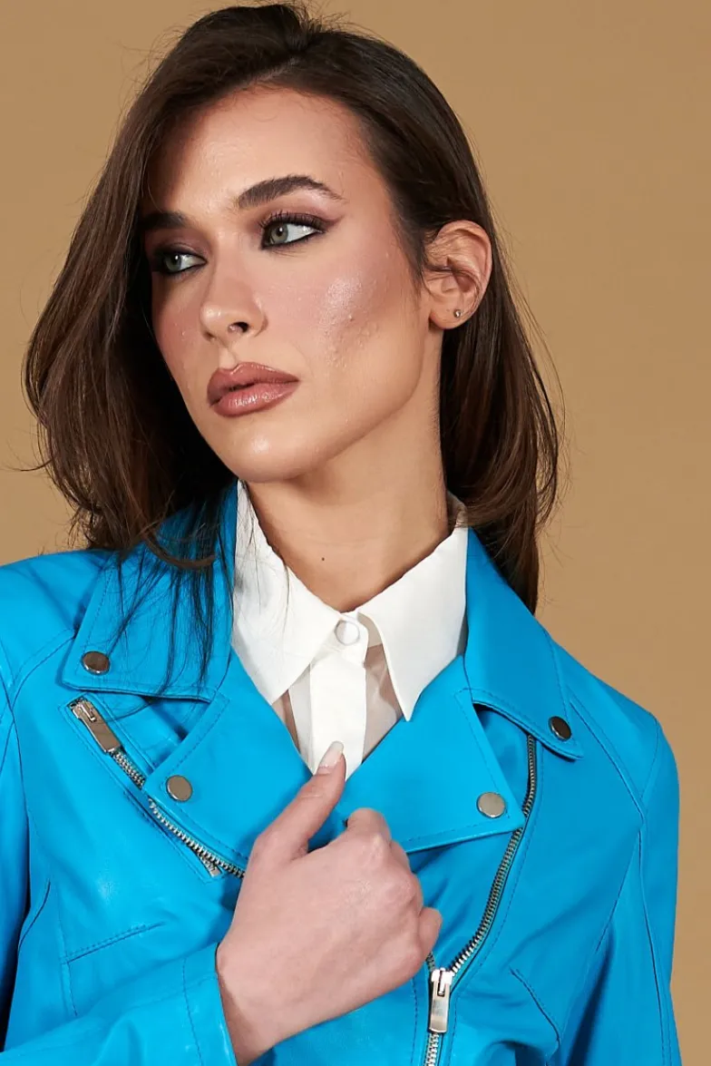 Donna D'Arienzo Kbc - Giacca chiodo in pelle naturale azzurra cerniera trasversale