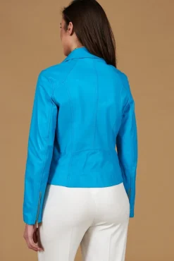 Donna D'Arienzo Kbc - Giacca chiodo in pelle naturale azzurra cerniera trasversale