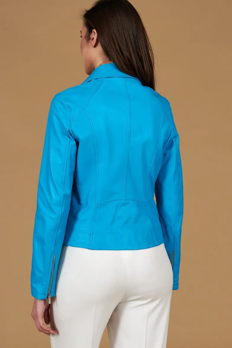 Donna D'Arienzo Kbc - Giacca chiodo in pelle naturale azzurra cerniera trasversale