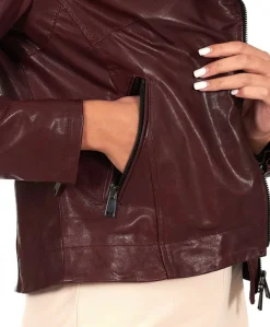 Donna D'Arienzo Kbc - Giacca chiodo in pelle colore vinaccia effetto vintage
