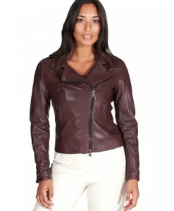 Donna D'Arienzo Kbc - Giacca chiodo in pelle naturale bordeaux effetto liscio