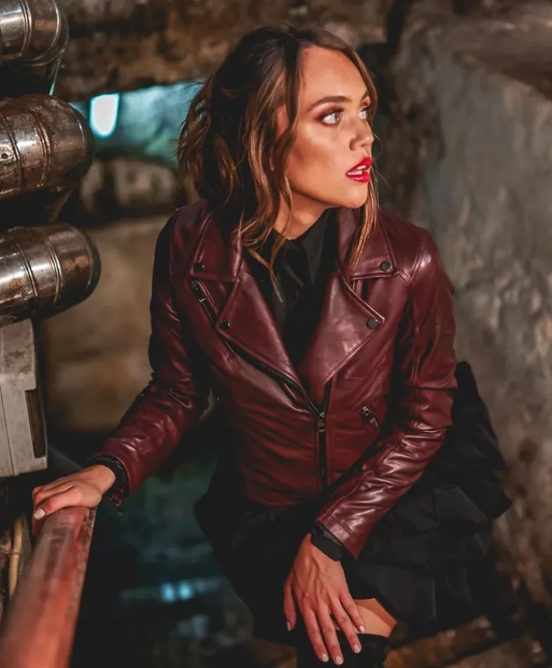 Donna D'Arienzo Kbc - Giacca chiodo in pelle naturale bordeaux effetto liscio