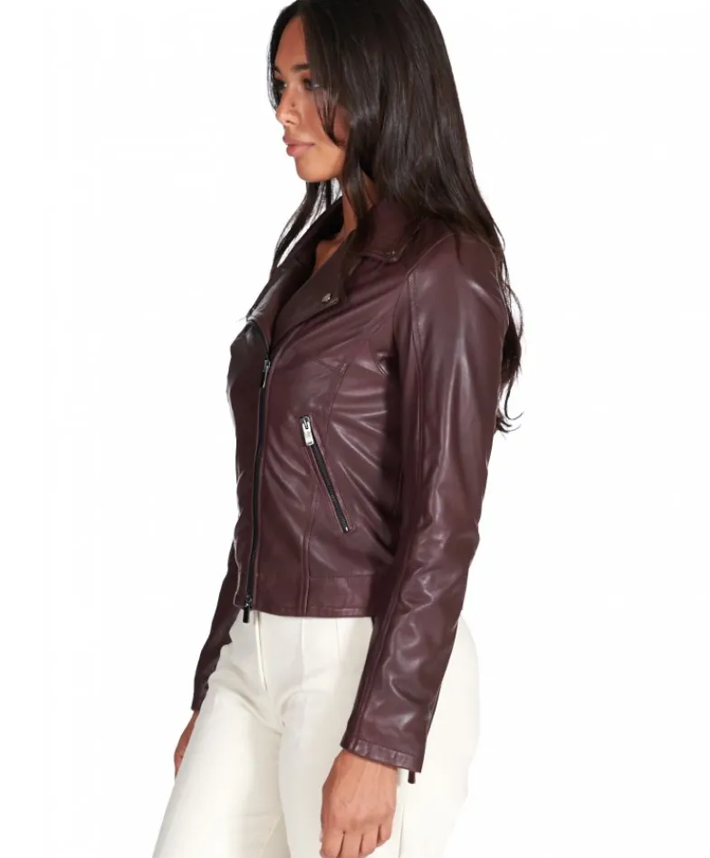 Donna D'Arienzo Kbc - Giacca chiodo in pelle naturale bordeaux effetto liscio