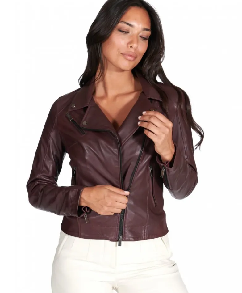 Donna D'Arienzo Kbc - Giacca chiodo in pelle naturale bordeaux effetto liscio