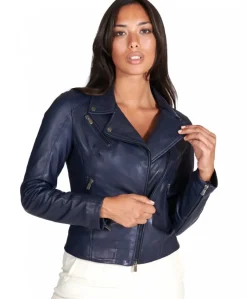 Donna D'Arienzo Kbc - Giacca chiodo in pelle naturale blu effetto liscio