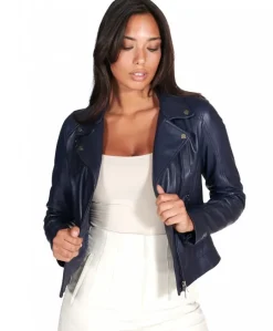 Donna D'Arienzo Kbc - Giacca chiodo in pelle naturale blu effetto liscio